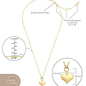 Jewelry Atelier Gold Filled Heart Necklaces – 14K Yellow Gold Filled Hearth Pendant with Solid Clip Chain for Women (Different Sizes and Styles with Extension/Adjustable Chain) (Puffed)