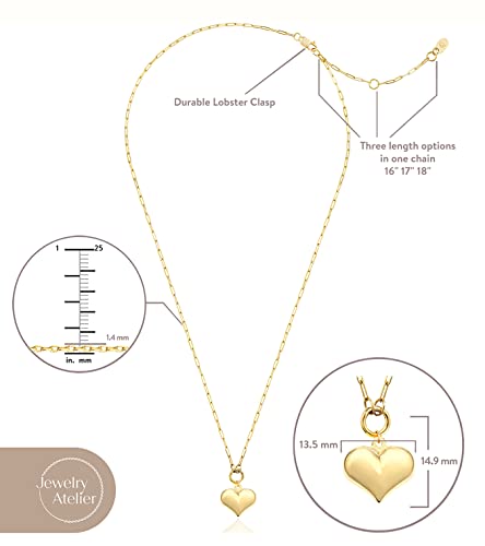 Jewelry Atelier Gold Filled Heart Necklaces – 14K Yellow Gold Filled Hearth Pendant with Solid Clip Chain for Women (Different Sizes and Styles with Extension/Adjustable Chain) (Puffed)