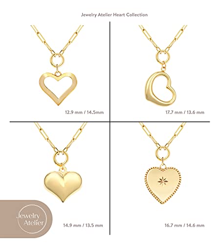 Jewelry Atelier Gold Filled Heart Necklaces – 14K Yellow Gold Filled Hearth Pendant with Solid Clip Chain for Women (Different Sizes and Styles with Extension/Adjustable Chain) (Puffed)