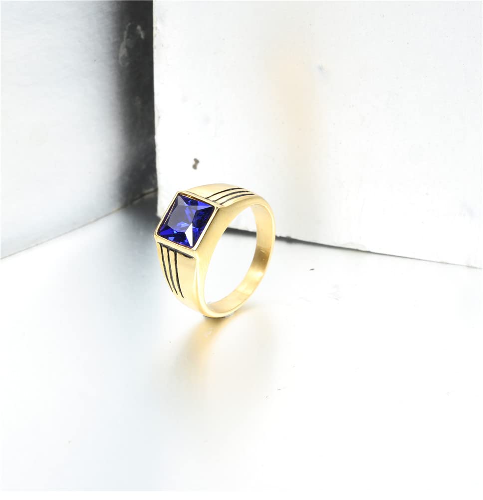 PAMTIER Men's Women's Stainless Steel with Square Gemstone Ring Gold Black Royal Blue Size 9