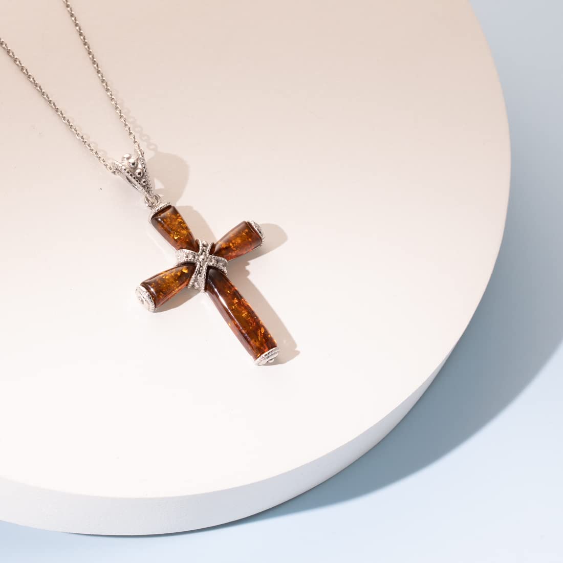 PEORA Genuine Baltic Amber Milgrain Cross Pendant Necklace for Women 925 Sterling Silver, Rich Cognac Color with 18 inch Chain