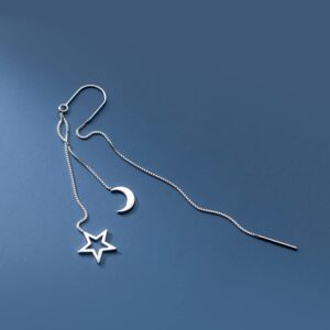 Reffeer Solid 925 Sterling Silver Moon Star Threader Dangle Earrings Chain for Women Teen Girls Long Dangle Earrings Tassel Chain (A-Silver)