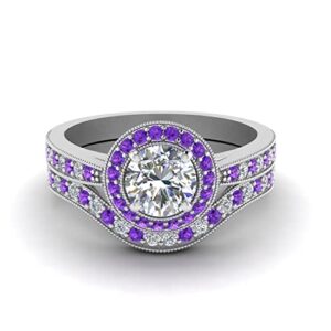 55Carat Milgrain Pave Halo Diamond Wedding Set Sterling Silver Natural Amethyst Round Shape Purple Color Wedding Ring Sets Pave Setting in Size 7 Party Wear Daily Wear Ornament