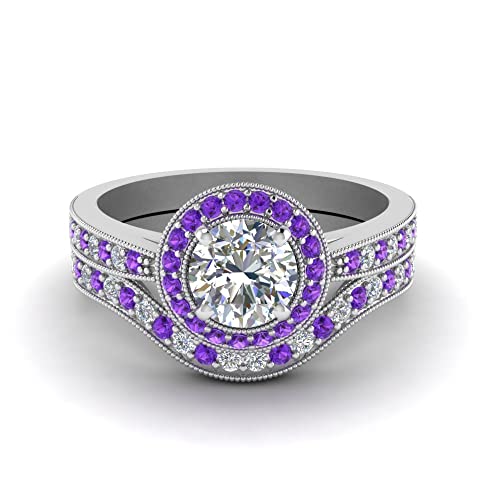 55Carat Milgrain Pave Halo Diamond Wedding Set Sterling Silver Natural Amethyst Round Shape Purple Color Wedding Ring Sets Pave Setting in Size 7 Party Wear Daily Wear Ornament