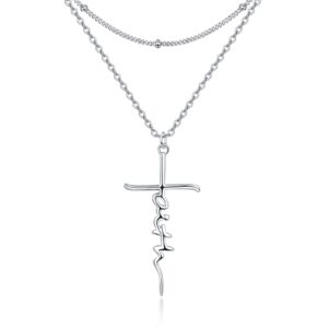 PRAYMOS Sterling Silver Faith Necklace Cross Necklace Women Dainty Layered Choker Necklace Christian Religious Faith Jewelry Gifts