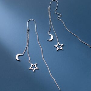 Reffeer Solid 925 Sterling Silver Moon Star Threader Dangle Earrings Chain for Women Teen Girls Long Dangle Earrings Tassel Chain (A-Silver)