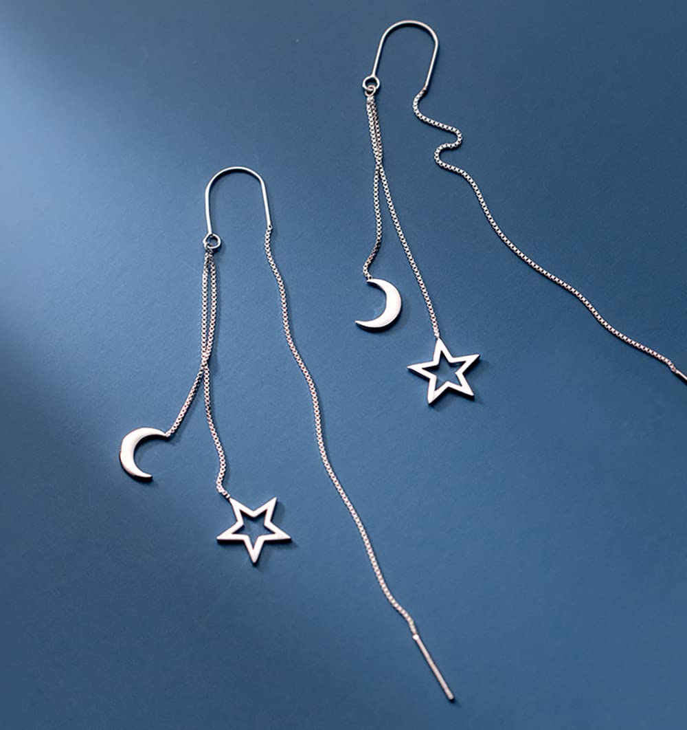 Reffeer Solid 925 Sterling Silver Moon Star Threader Dangle Earrings Chain for Women Teen Girls Long Dangle Earrings Tassel Chain (A-Silver)