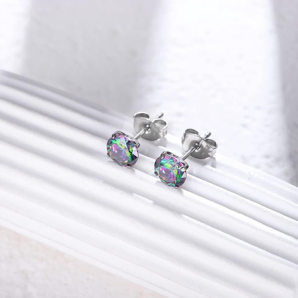 VOJO G23 Titanium Cubic Zirconia Earrings Studs for Sensitive Ears Hypoallergenic Birthstone Diamond Tiny Stud Earrings for Women (6mm, CZ Rainbow)