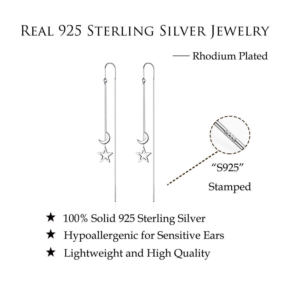 Reffeer Solid 925 Sterling Silver Moon Star Threader Dangle Earrings Chain for Women Teen Girls Long Dangle Earrings Tassel Chain (A-Silver)