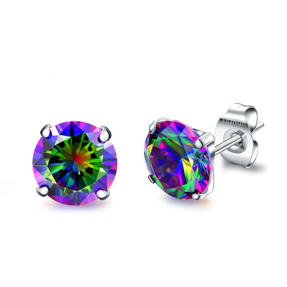 VOJO G23 Titanium Cubic Zirconia Earrings Studs for Sensitive Ears Hypoallergenic Birthstone Diamond Tiny Stud Earrings for Women (6mm, CZ Rainbow)