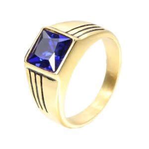 PAMTIER Men's Women's Stainless Steel with Square Gemstone Ring Gold Black Royal Blue Size 9