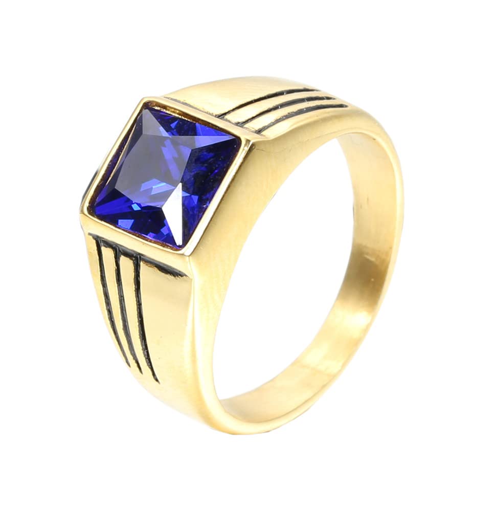 PAMTIER Men's Women's Stainless Steel with Square Gemstone Ring Gold Black Royal Blue Size 9