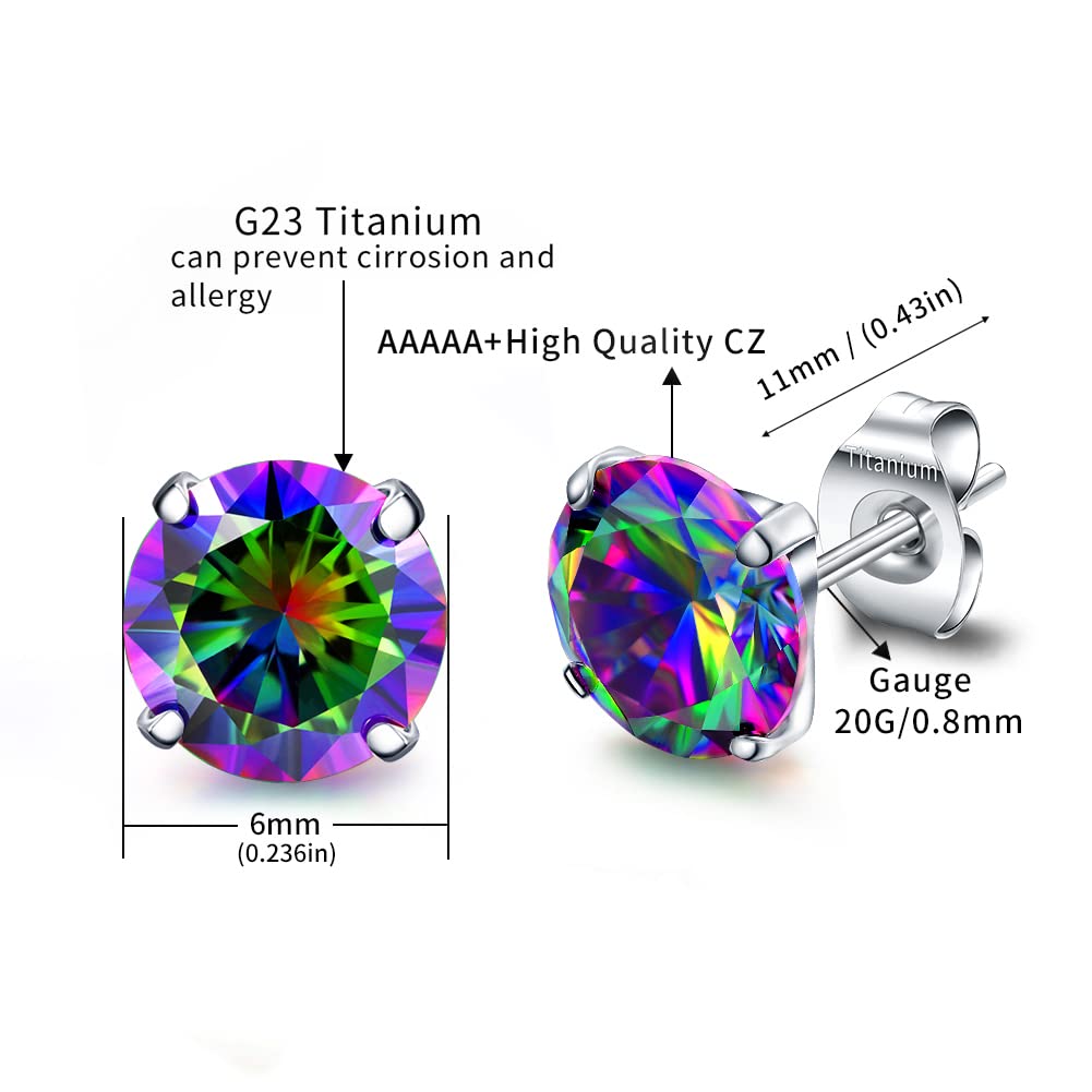 VOJO G23 Titanium Cubic Zirconia Earrings Studs for Sensitive Ears Hypoallergenic Birthstone Diamond Tiny Stud Earrings for Women (6mm, CZ Rainbow)