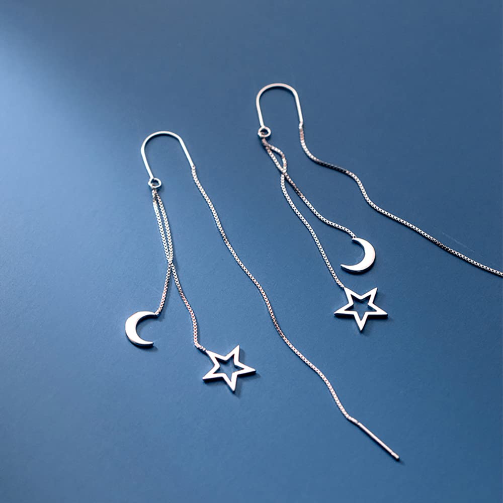 Reffeer Solid 925 Sterling Silver Moon Star Threader Dangle Earrings Chain for Women Teen Girls Long Dangle Earrings Tassel Chain (A-Silver)