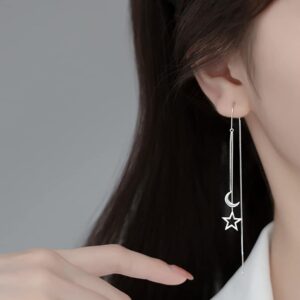 Reffeer Solid 925 Sterling Silver Moon Star Threader Dangle Earrings Chain for Women Teen Girls Long Dangle Earrings Tassel Chain (A-Silver)