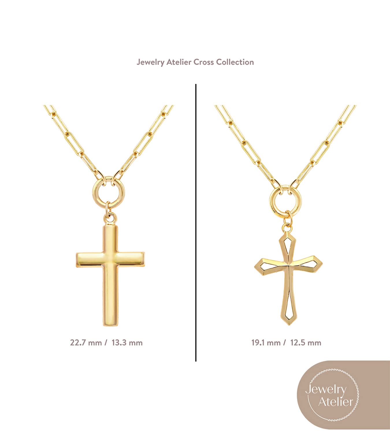 Jewelry Atelier Gold Filled Cross Necklaces – 14K Yellow Gold Filled Cross Pendant with Solid Clip Chain for Women and Men (Different Sizes and Styles with Extension/Adjustable Chain) (12.5mm width)