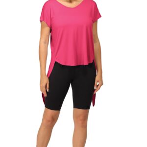 icyzone Open Back Workout Tops for Women - Athletic Activewear T-Shirts Exercise Yoga Shirts (Black/Pink Lychee, S)