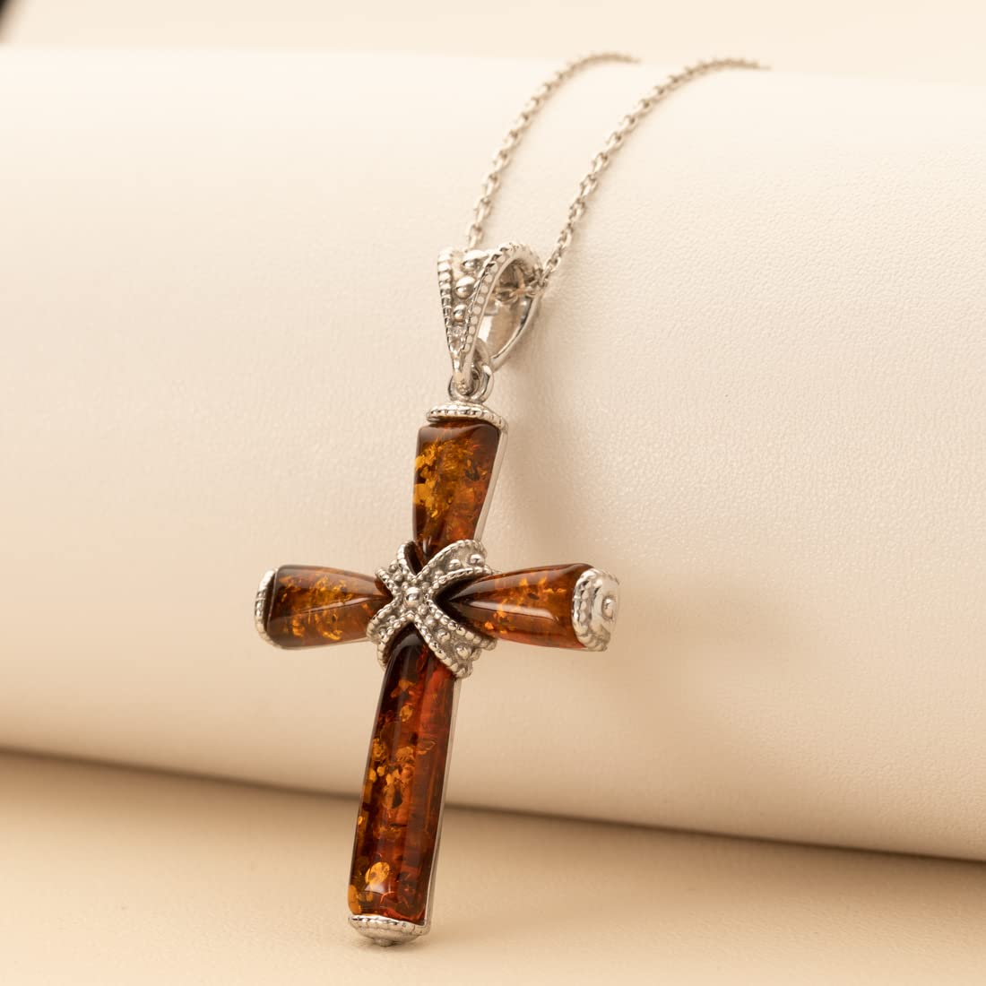 PEORA Genuine Baltic Amber Milgrain Cross Pendant Necklace for Women 925 Sterling Silver, Rich Cognac Color with 18 inch Chain