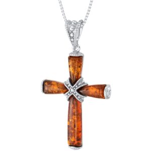 peora genuine baltic amber milgrain cross pendant necklace for women 925 sterling silver, rich cognac color with 18 inch chain