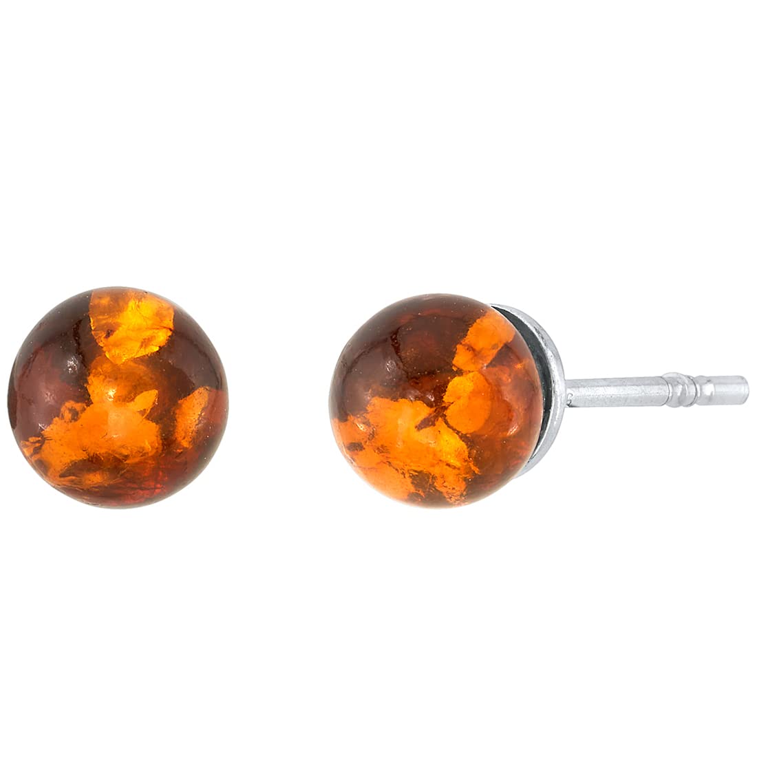 Peora Genuine Baltic Amber 6mm Ball Stud Earrings 925 Sterling Silver, Rich Cognac Color, Friction Backs