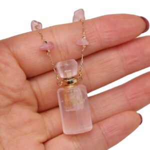 1pc Natural Stone Perfume Bottle Necklace Pink Quartz Pendant Charms for Elegant Women Love Romantic Gift