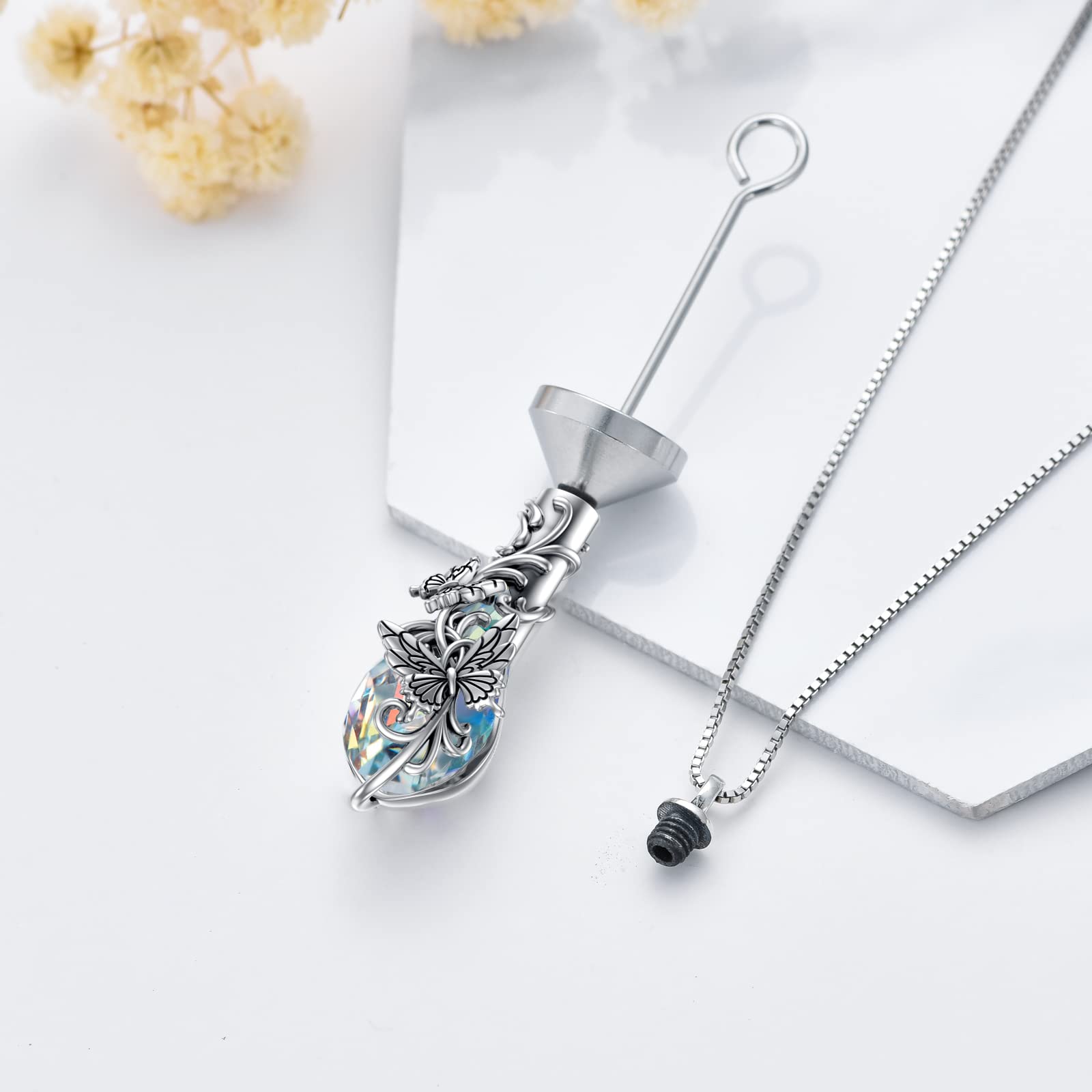 PELOVNY Butterfly Urn Necklace for Ashes for Women 925 Sterling Silver Oxidation Crystal Teardrop Cremation Jewelry Memorial with Funnel Filler