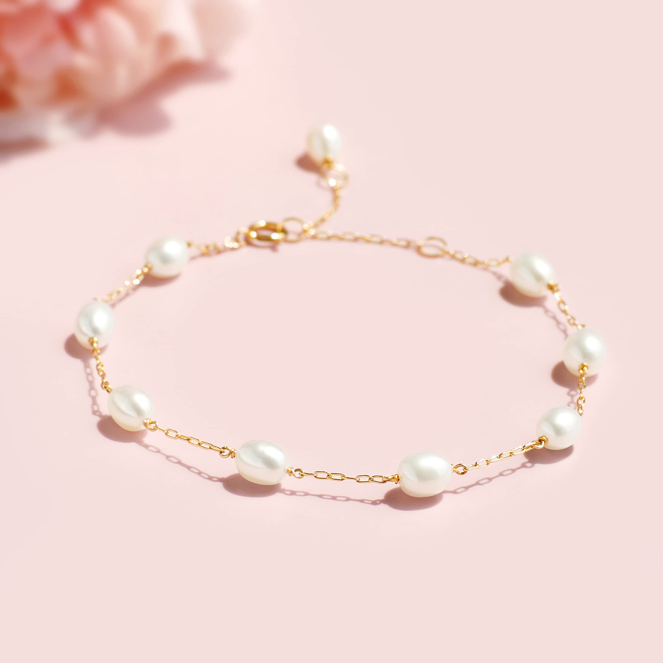 COMOTO Pearl Bracelet for Women 14K Gold Filled Freshwater Cultured Pearl Handmade Bracelet Tin Cup Pearl Bracelet Jewelry,7.0"+0.5"+0.5"