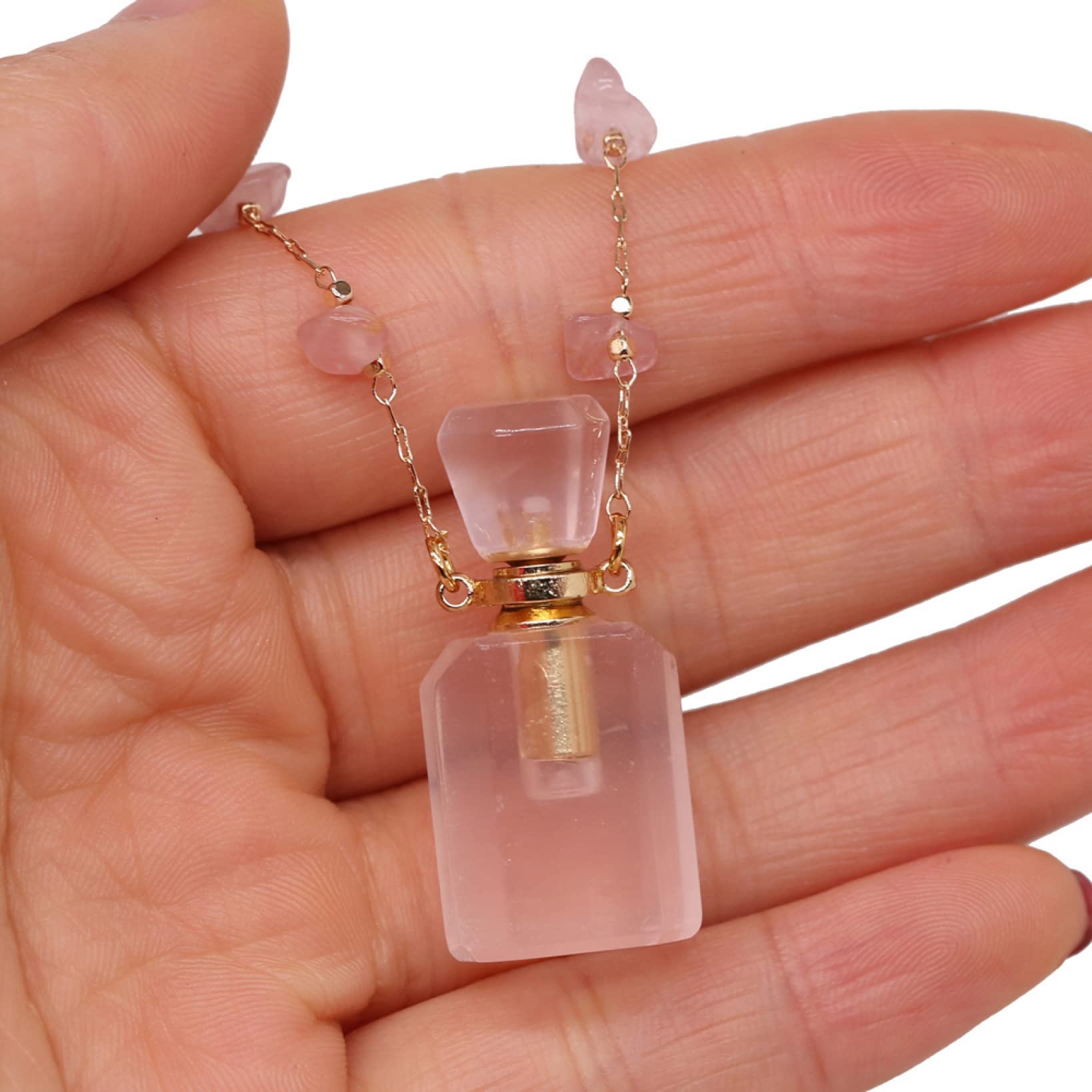 1pc Natural Stone Perfume Bottle Necklace Pink Quartz Pendant Charms for Elegant Women Love Romantic Gift