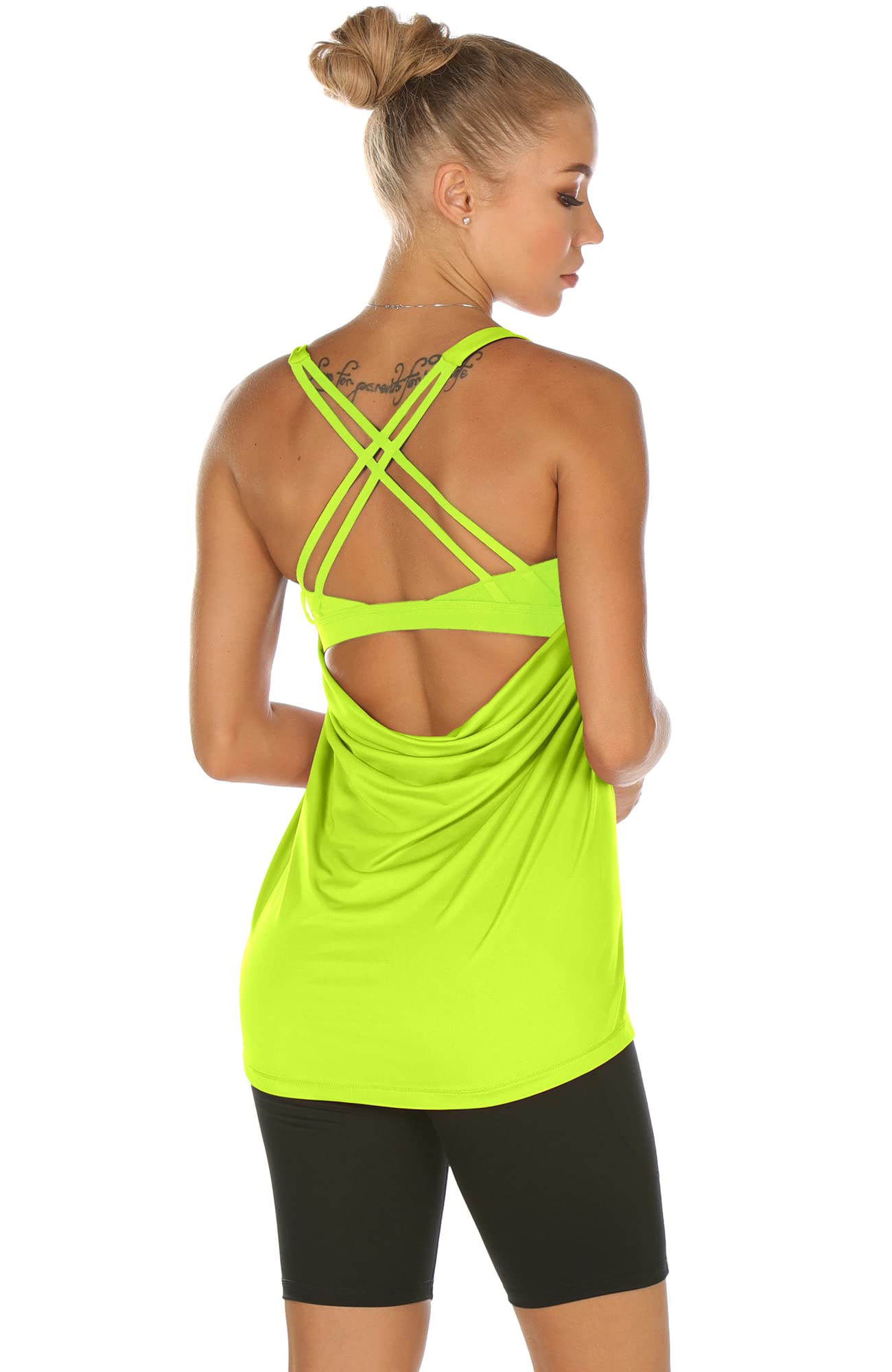 icyzone Workout Tank Tops Built in Bra - Women's Strappy Athletic Yoga Tops, Exercise Running Gym Shirts (Neon Yellow, XL)