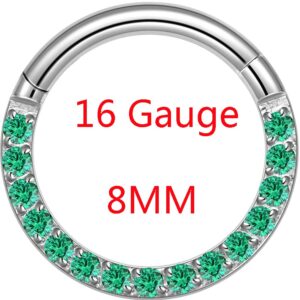 Showself 16G Septum Rings Septum Clicker Green Cubic Zirconia Septum Jewelry Surgical Steel 16 Gauge Daith Hoop Earrings Daith Piercing Jewelry (8mm)