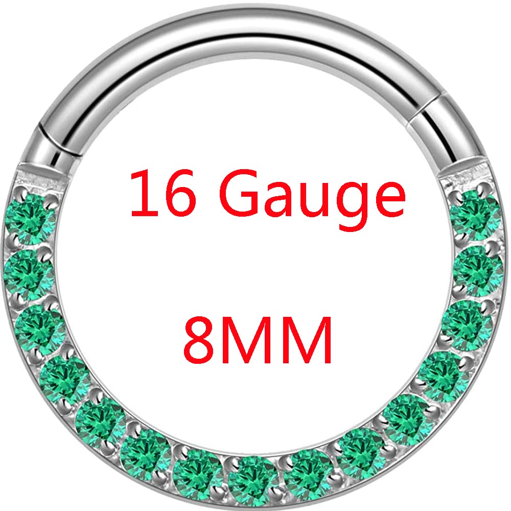 Showself 16G Septum Rings Septum Clicker Green Cubic Zirconia Septum Jewelry Surgical Steel 16 Gauge Daith Hoop Earrings Daith Piercing Jewelry (8mm)