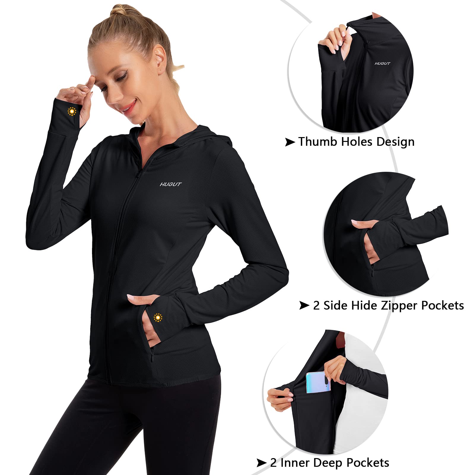 Women's UPF 50+ Sun Protection UV Jacket - Zip Up Hoodie Long Sleeve Hiking Fishing SPF Performance Shirt with Thumbhole Black