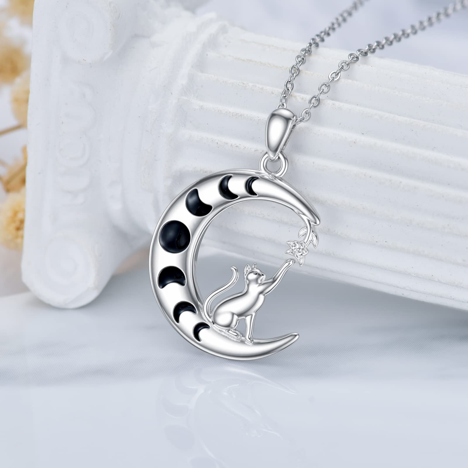 PROESS Sterling Silver Cat Necklace Moon Phase Cat Pendant Wicca Cat Jewelry Gift for Women and Cat Lovers