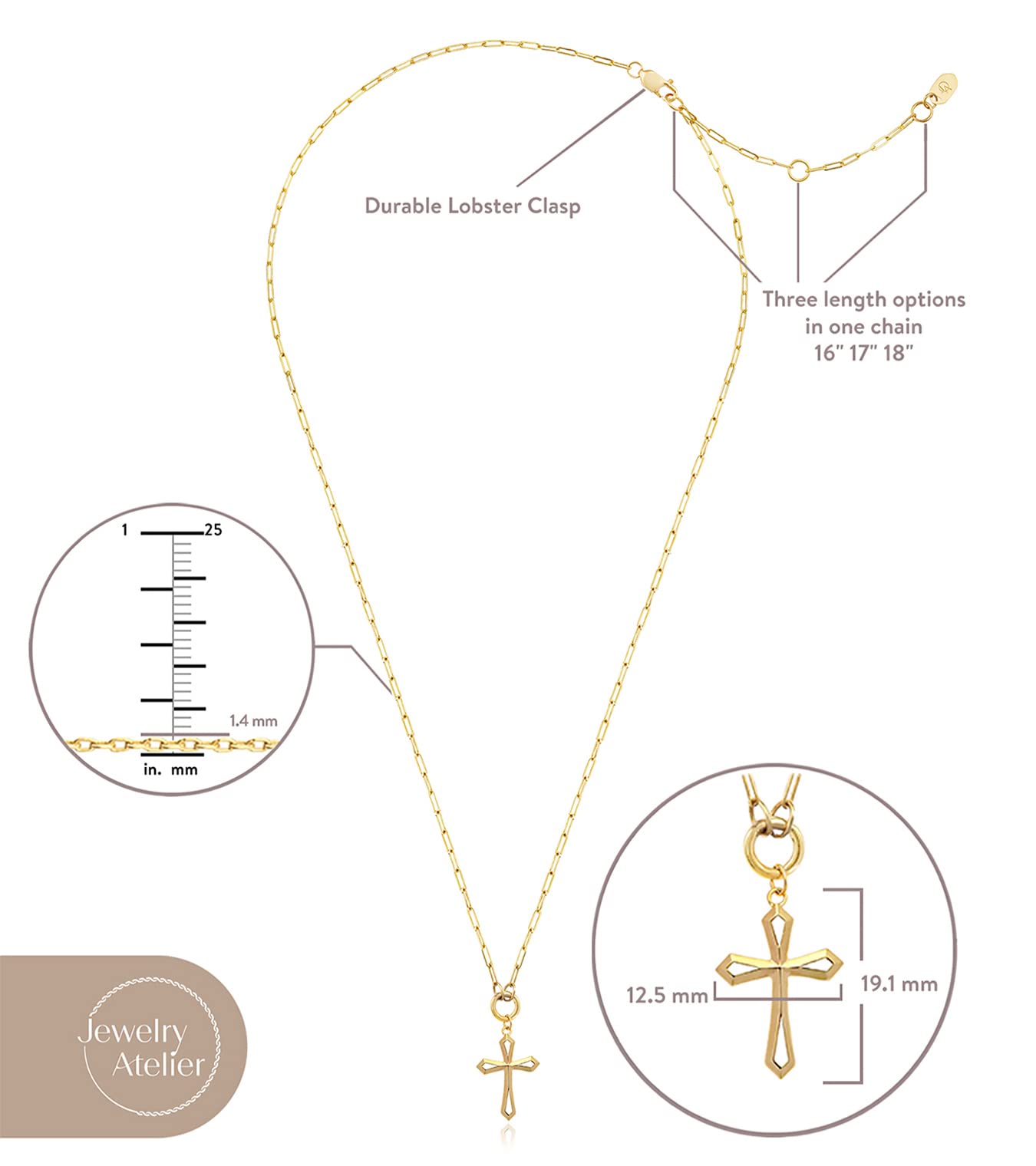 Jewelry Atelier Gold Filled Cross Necklaces – 14K Yellow Gold Filled Cross Pendant with Solid Clip Chain for Women and Men (Different Sizes and Styles with Extension/Adjustable Chain) (12.5mm width)