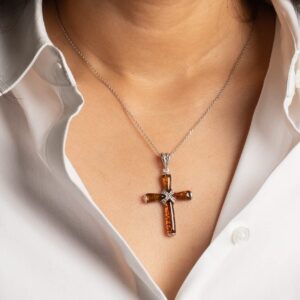 PEORA Genuine Baltic Amber Milgrain Cross Pendant Necklace for Women 925 Sterling Silver, Rich Cognac Color with 18 inch Chain