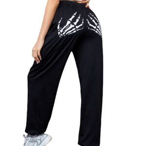 WDIRARA Women's Skeleton Hand Print Elastic Waist Long Jogger Pants Sweatpants Multicolor XL