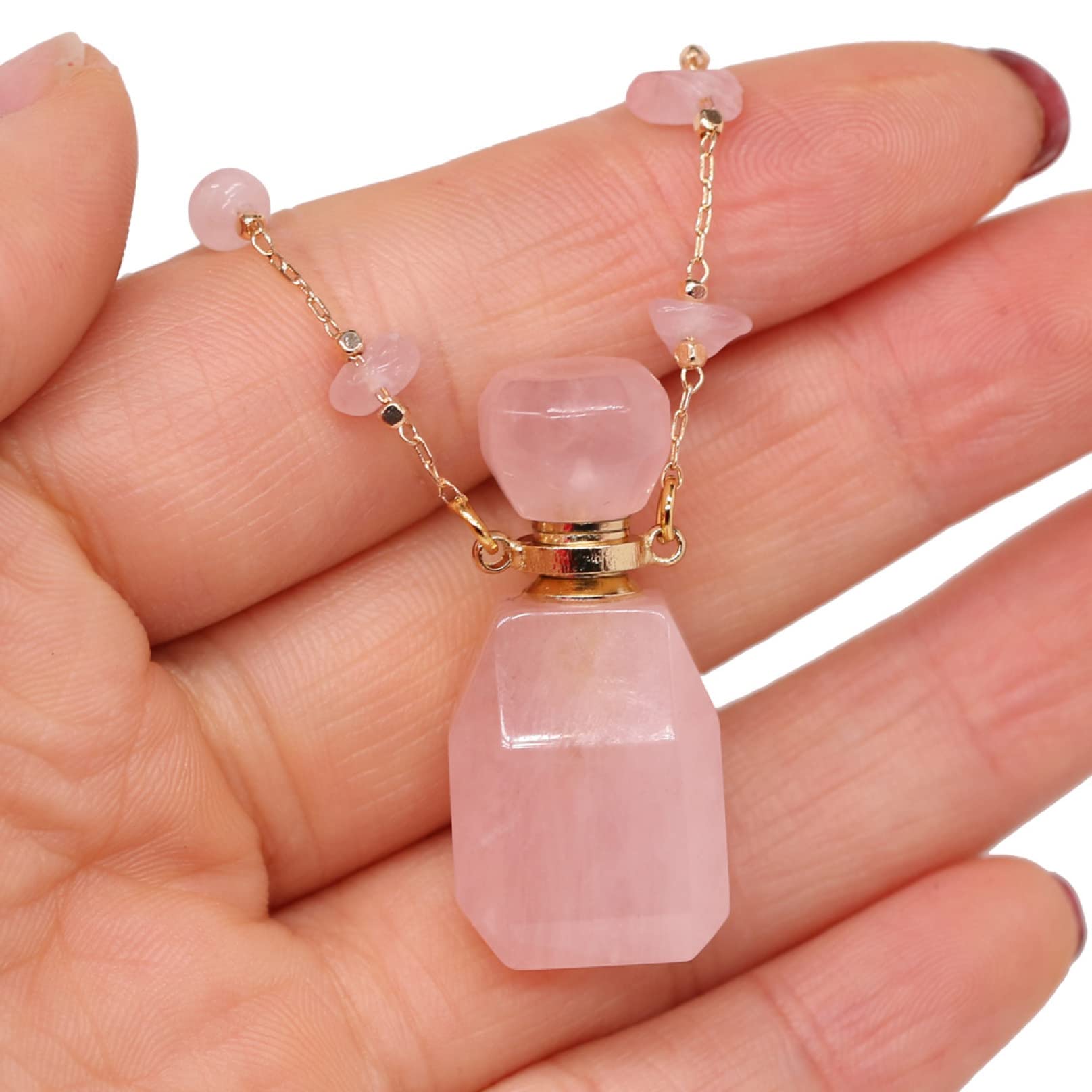 1pc Natural Stone Perfume Bottle Necklace Pink Quartz Pendant Charms for Elegant Women Love Romantic Gift