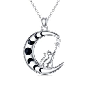 PROESS Sterling Silver Cat Necklace Moon Phase Cat Pendant Wicca Cat Jewelry Gift for Women and Cat Lovers