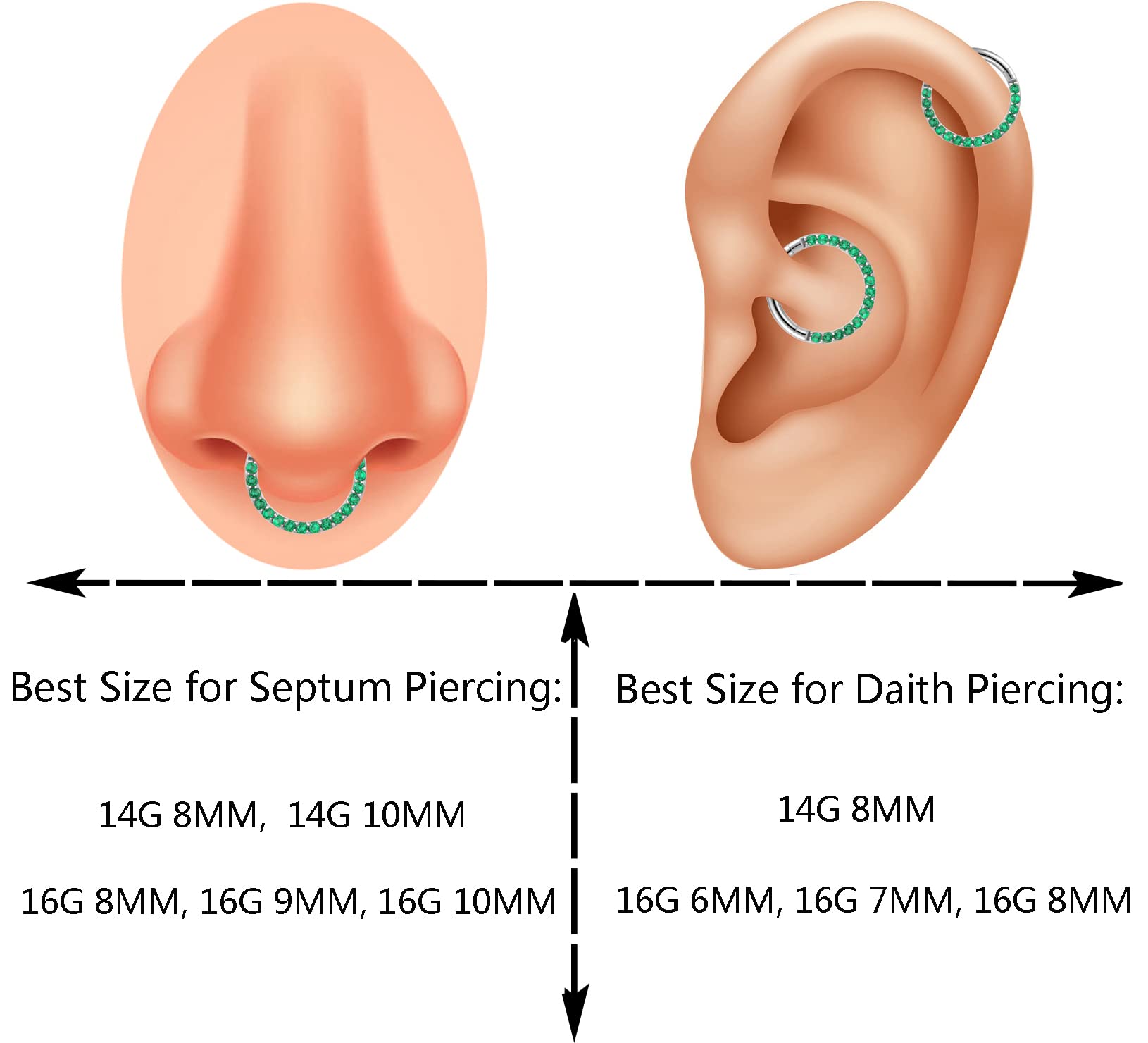 Showself 16G Septum Rings Septum Clicker Green Cubic Zirconia Septum Jewelry Surgical Steel 16 Gauge Daith Hoop Earrings Daith Piercing Jewelry (8mm)