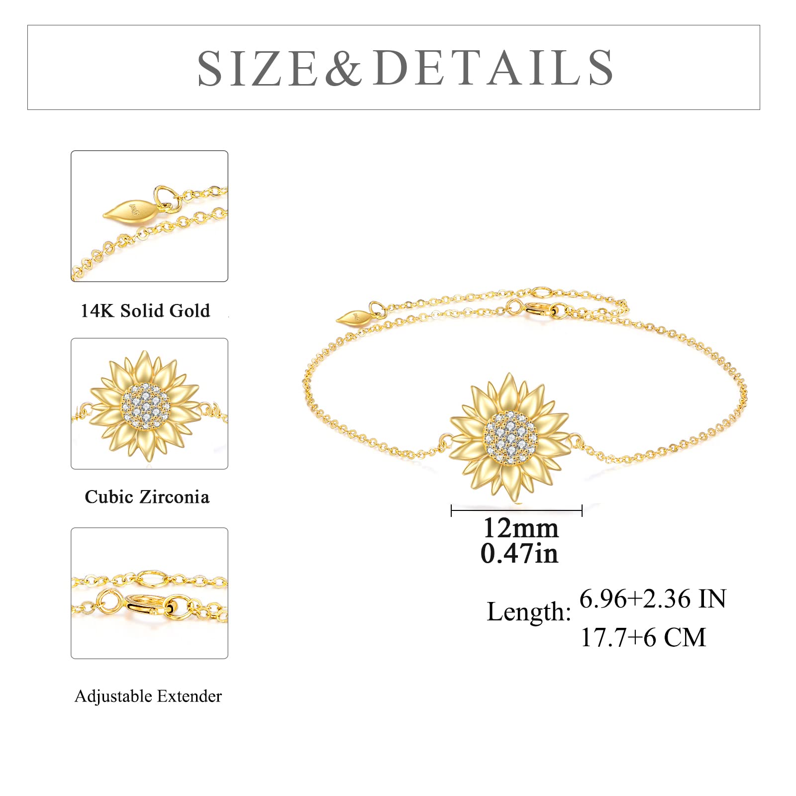 KECHO 14k Yellow Gold Sunflower Bracelet for Women, Fine Gold Jewelry Gifts for Her (Sunflower Bracelet)