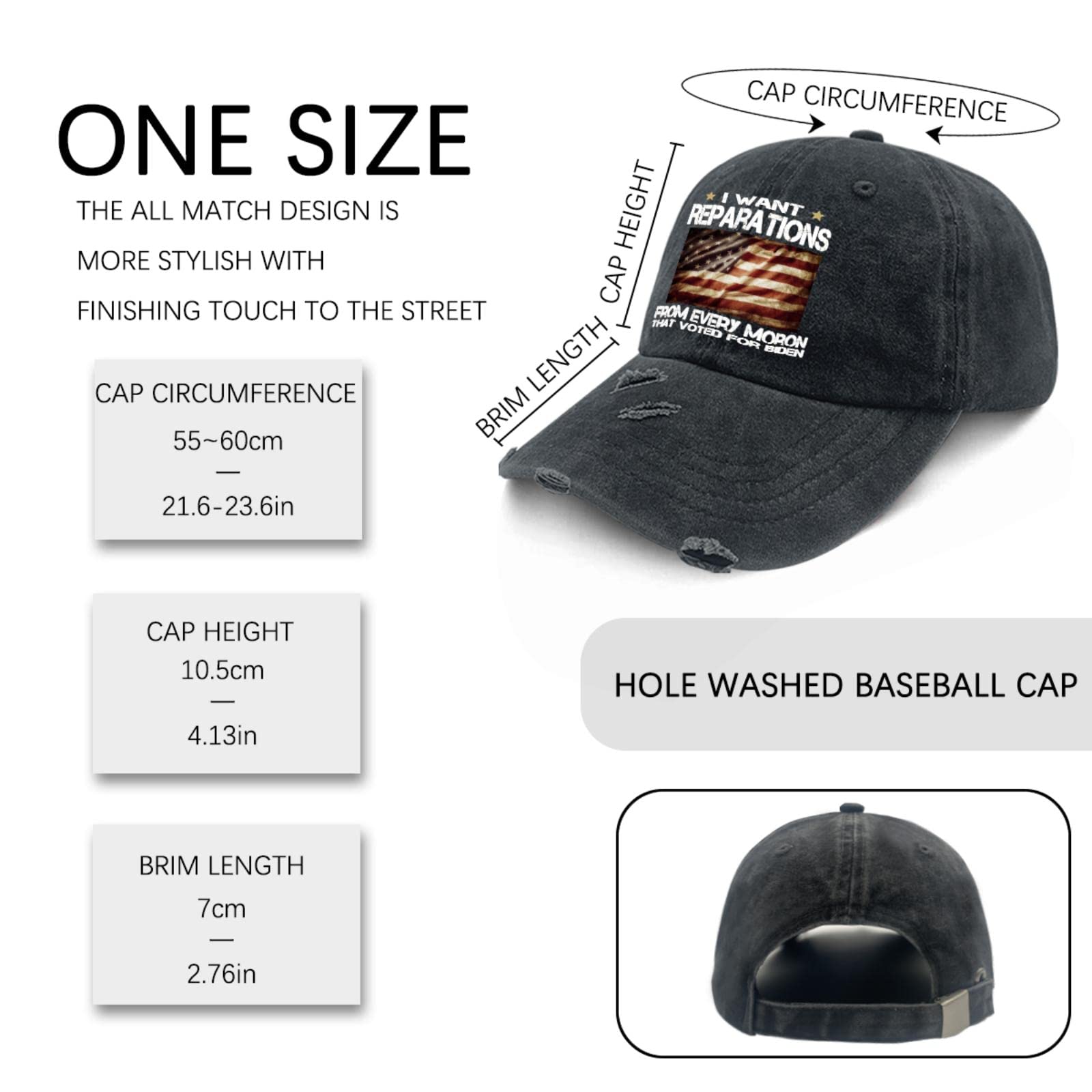 Aumgo Hats for Men Baseball Cap Dad Hat for Women Anti Biden Hats I Want Reparations from Every Moron That Voted for Biden Baseball Cap for Women, Allblack, One Size-Medium