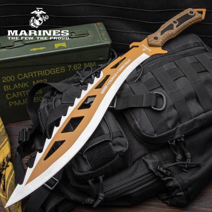 United Cutlery USMC Desert Ops Sawback Kukri With Sheath - Stainless Steel Blade, Serrations, Non-Reflective, ABS Handle, Shoulder Strap Scabbard, Cut Through Brush, For Trailblazing - Length 22”