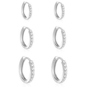 3pairs small silver hoop earrings 925 sterling silver post hoop earrings for women 14k gold plated cubic zirconia huggie hoop tiny cartilage ear jewelry for women huggie earrings for men hypoallergenic earrings8/10/12mm (cz silver (cz silver 8mm,10mm,12mm