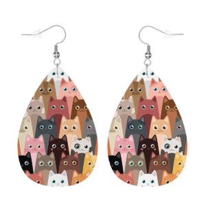 Zokola Cats Earrings, Cartoon Animal Adorable Kitten Cat Face Leather Earrings For Women Friends, PU Teardrop Hooks Double-Sided Dangle Lightweight Leaf Earrings