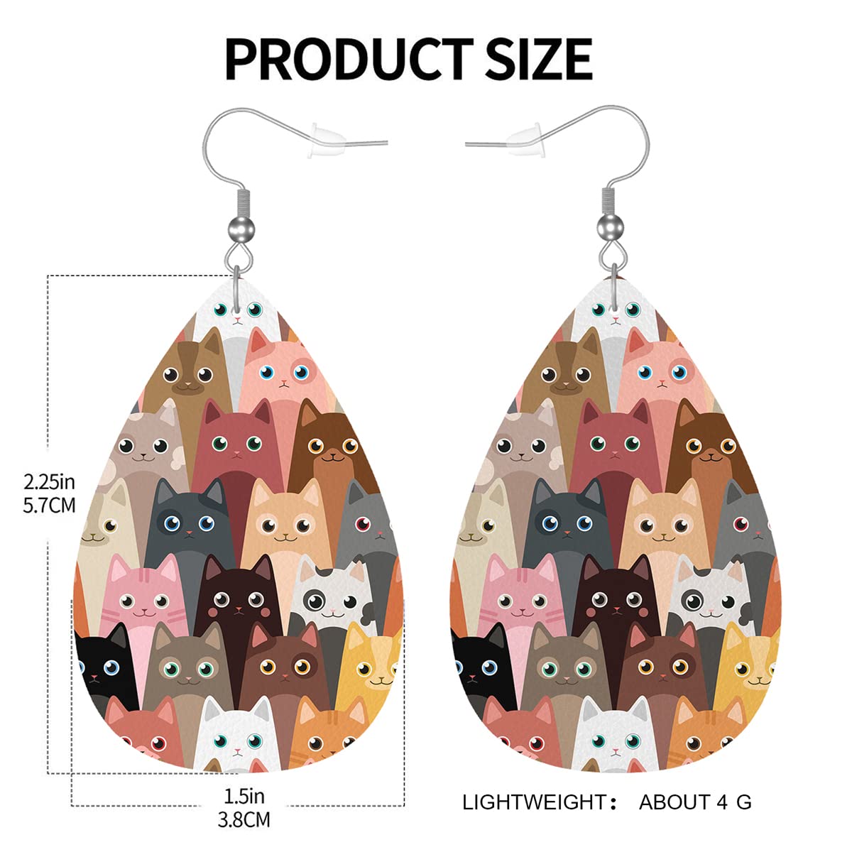 Zokola Cats Earrings, Cartoon Animal Adorable Kitten Cat Face Leather Earrings For Women Friends, PU Teardrop Hooks Double-Sided Dangle Lightweight Leaf Earrings