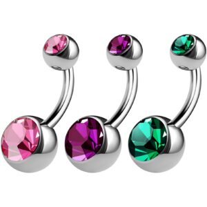 BanaVega 3PCS 316L Surgical Steel Short Belly Button Rings Stud 14 Gauge 5/16 8mm Rose Amethyst Emerald Shallow Navel Bar Jewelry 8245 (BND CR 1.6 6 L3 RO AMT)