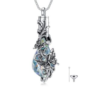 PELOVNY Butterfly Urn Necklace for Ashes for Women 925 Sterling Silver Oxidation Crystal Teardrop Cremation Jewelry Memorial with Funnel Filler