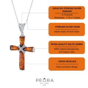 PEORA Genuine Baltic Amber Milgrain Cross Pendant Necklace for Women 925 Sterling Silver, Rich Cognac Color with 18 inch Chain