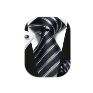 Enlision Black White Ties Stripe Mens Ties and Pocket Square Set Classic Silk Woven Neckties Handkerchief Cufflinks Formal Business Wedding Necktie Gift Box