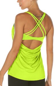 icyzone workout tank tops built in bra - women's strappy athletic yoga tops, exercise running gym shirts (neon yellow, xl)